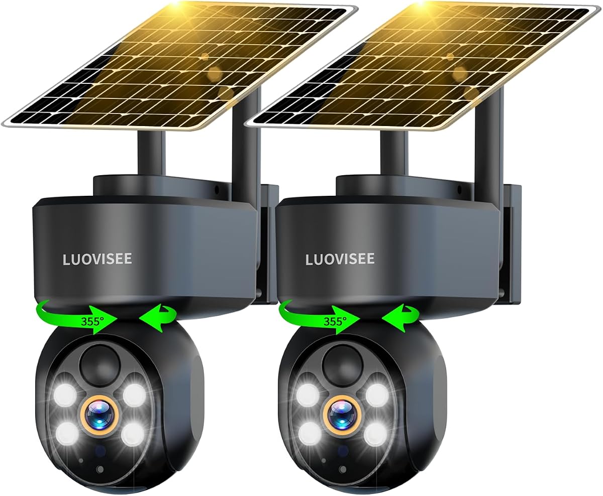 Luovisee WiFi Security Camera Wireless Outdoor 2 Packs,360° PTZ Solar Camera Outdoor Wireless for Home Security,Work with Alexa,AI Motion Detection,PIR Siren,Cloud & SD Card Storage, 2-Way Audio