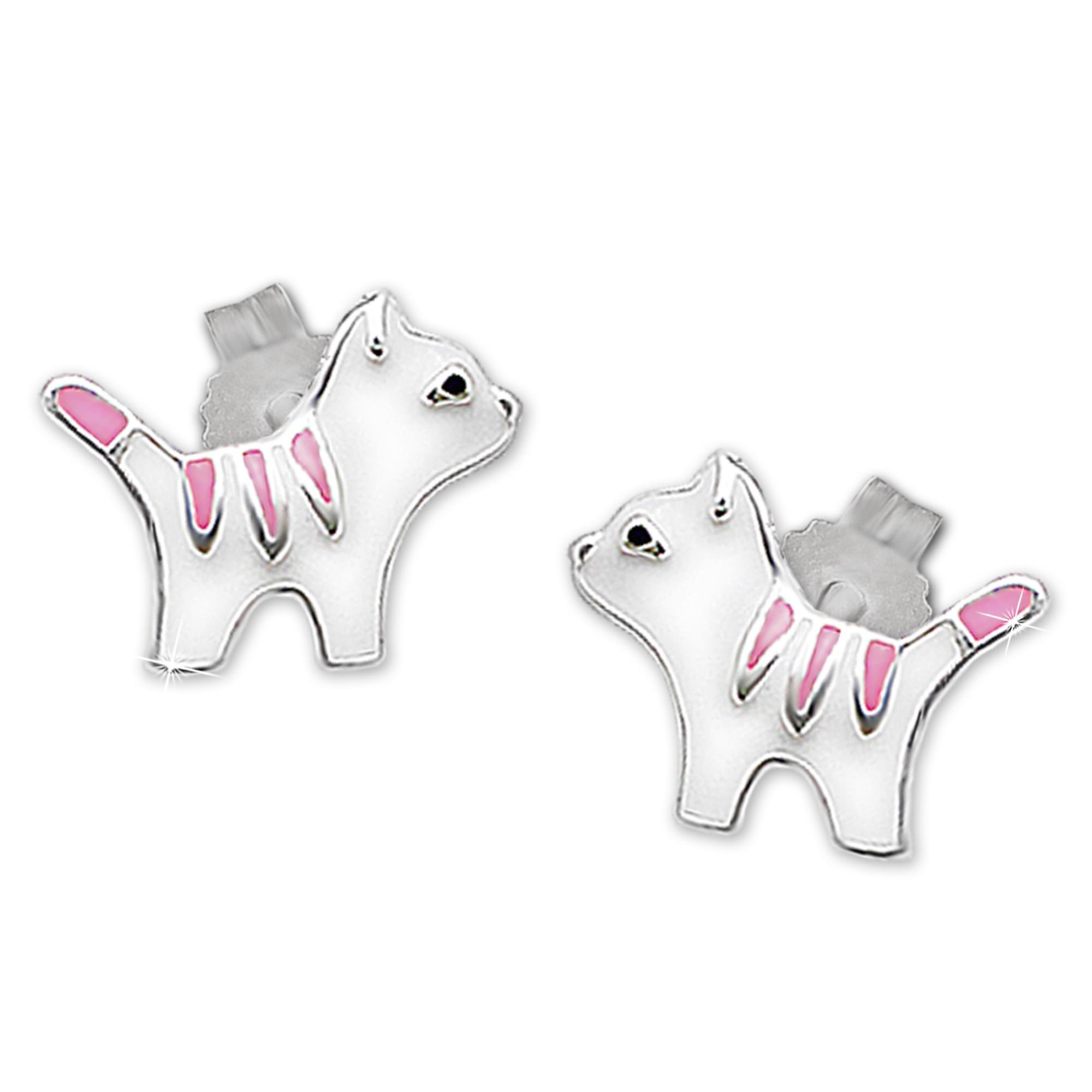 Clever Schmuck srebrne dziewczęce kolczyki jako kolczyki na sztyfcie, mały kot, 6 mm, różowe, białe, czarne, lakierowane, błyszczące srebro wysokiej próby 925, dla dzieci
