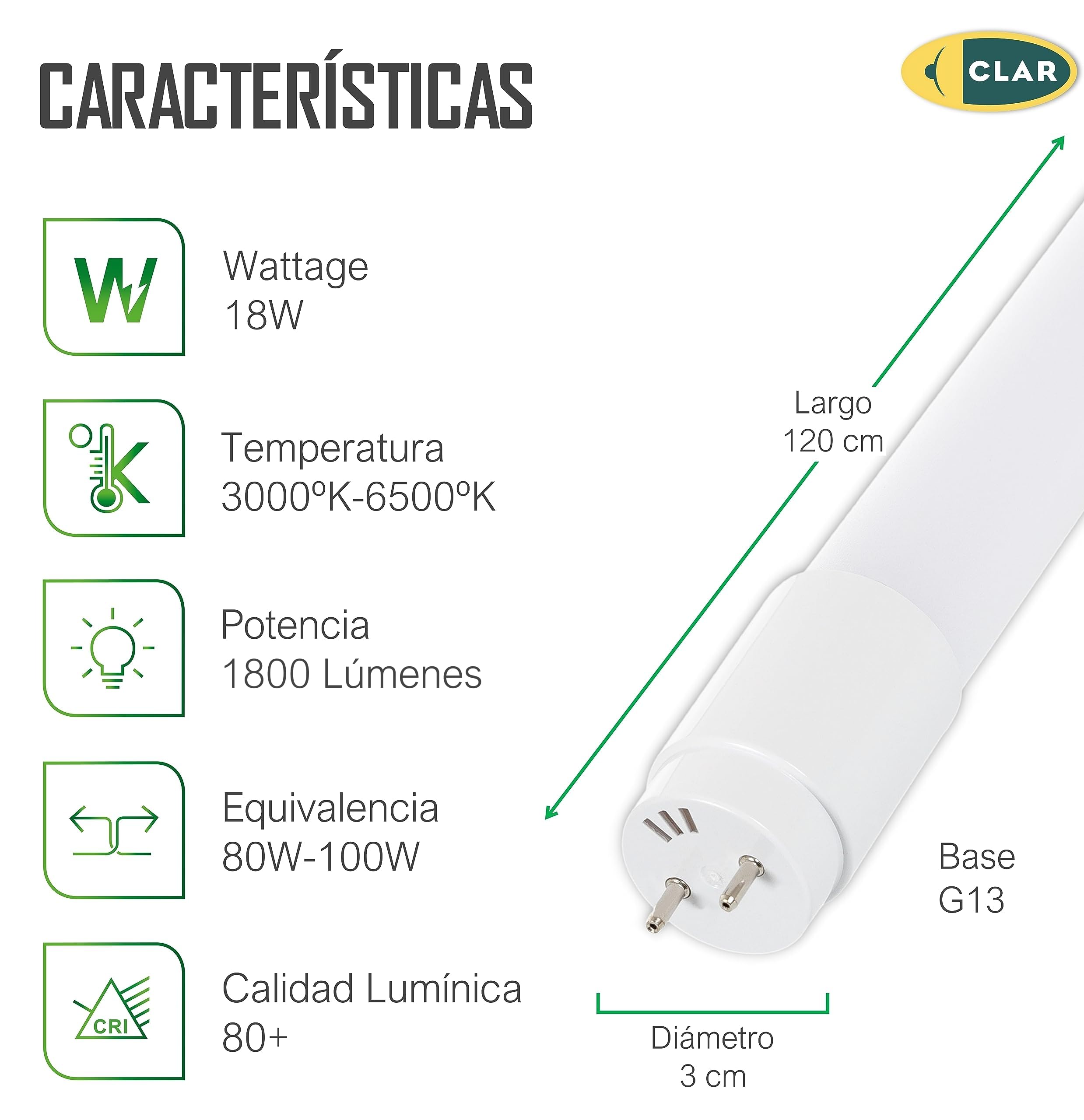 CLAR - Tubo fluorescente 120 cm T8 18W, Tubo120cm, Fluorescente Techo, T8, Tubo de Luz LED, Blanco Neutro 4000ºk (Pack 10)