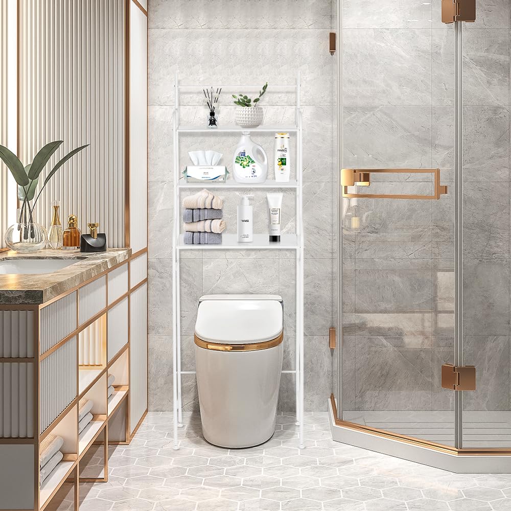 Supfine Scaffale WC a 3 ripiani, con gancio, per lavatrice sopra il WC o la lavatrice, ripiani regolabili, salvaspazio (bianco, 55 x 26 x 165 cm)