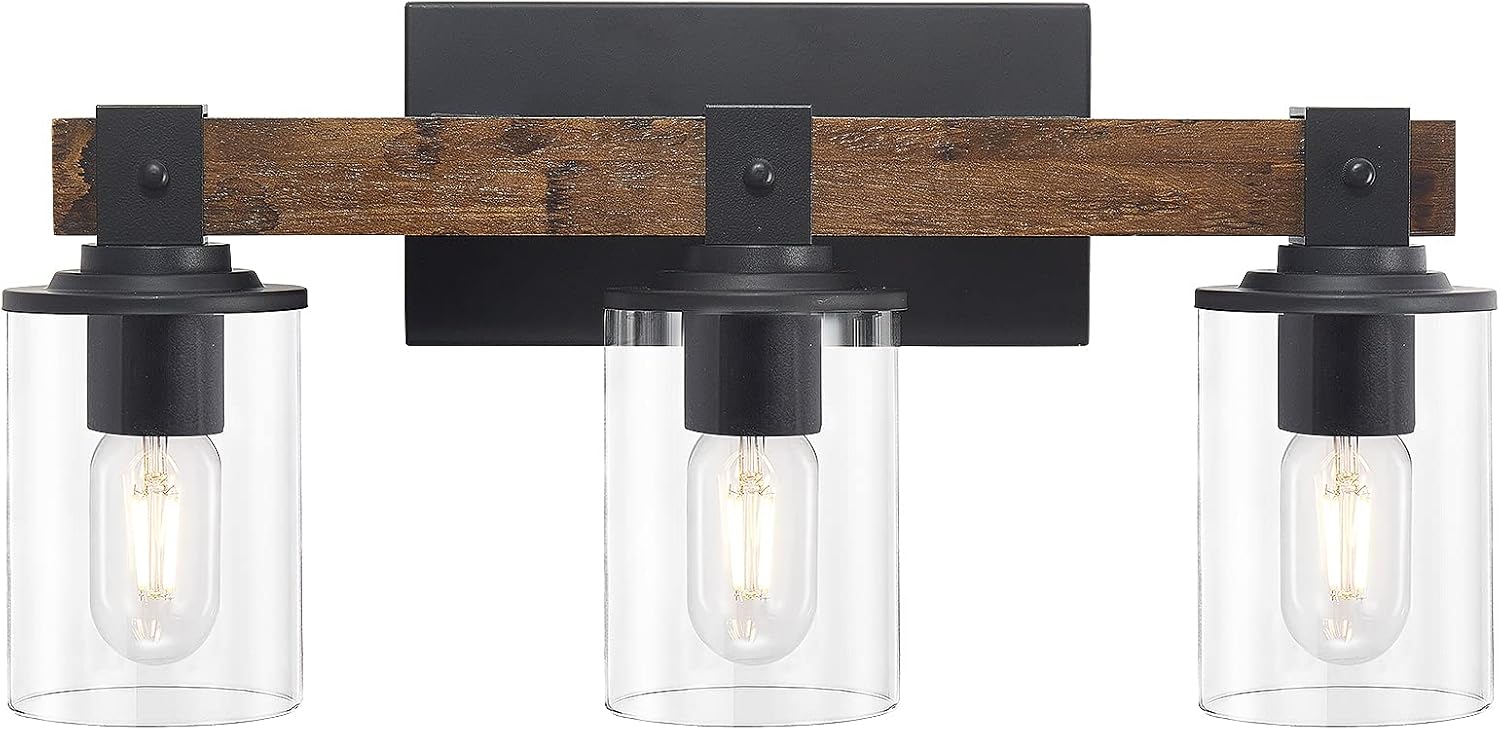 DUJAHMLAND Farmhouse Vanity Light Fixture,3-Light Bathroom Wood Wall Light Over Mirror with Clear Glass Shade, Rustic Vintage Wall Sconce Lighting.(Antique Wood, 3-Light)