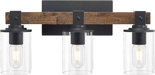 Miniatura 4 de DUJAHMLAND 5 luces de tocador de granja, iluminación de pared de baño de madera con vidrio transparente, aplique de pared industrial de metal para