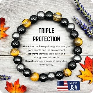 Protection Bracelet for Men & Women - 8mm Handmade Triple Protection Black Tourmaline, Hematite & Tiger Eye Bracelet, Natural Healing Crystal Gifts for Father's Day, Christmas & Anniversary
