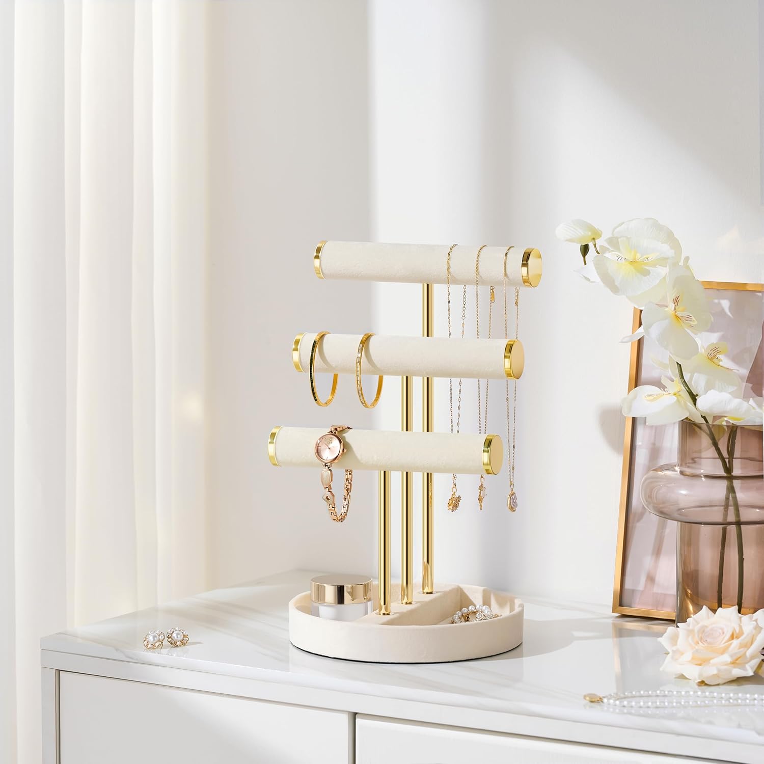 Bracelet Holder Jewelry Organizer Display - 3 Tier T Bar Velvet Stand, Beige Necklace Holder Organizer, Bracelet Holder, Earring Holder and Ring Display for Jewelry Organizers and Storage - Image 6