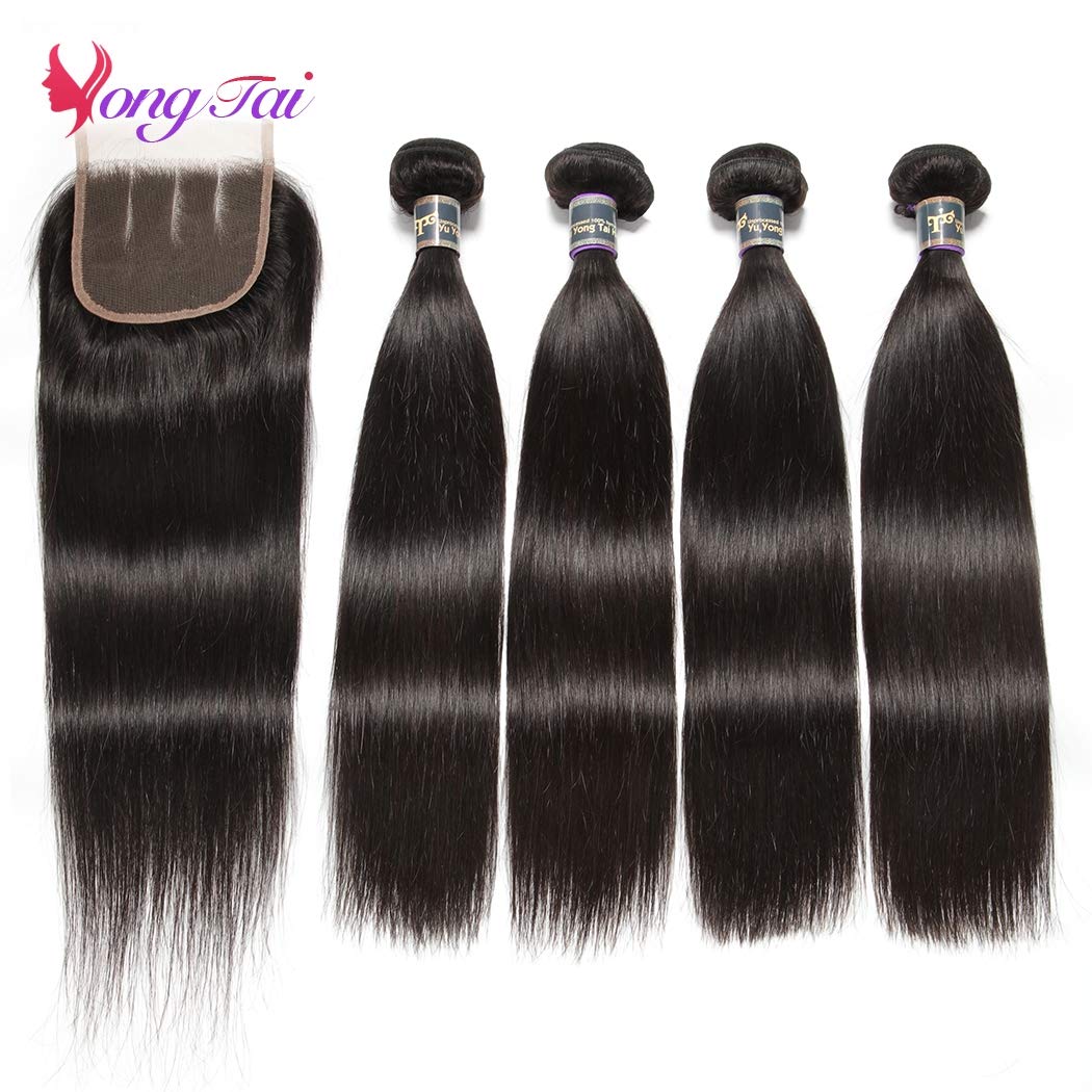 Straight Hair Bundles with Closure (12 14 16 18 +12,1 B Color) 100% Malaysian Straight Virgin Hair 4 Bundles with 3 Part Lace Closure Hair Extensions