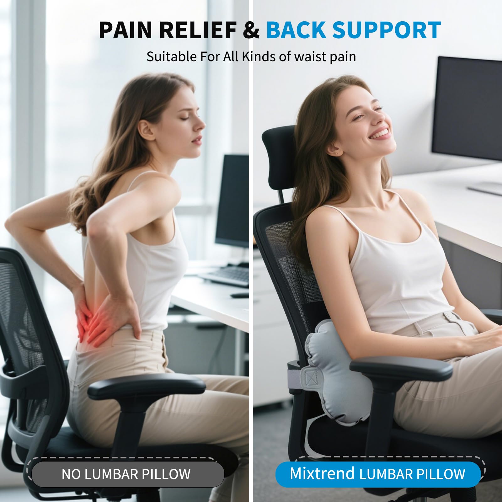 Mixtrend Almohada inflable de apoyo lumbar para viajes, almohada de apoyo de espalda autoinflable portátil para coche, oficina y avión