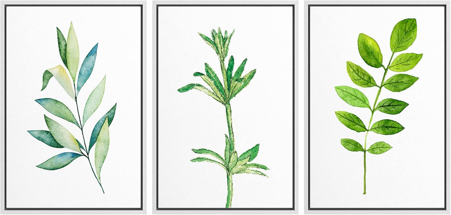 NWT Framed Wall Art Print Set Pastel Green Forest Leaf Trio Nature Plants Illustrations Modern Art Rustic Group Relax/Calm Multicolor Ultra for Living Room, Bedroom, Office - 16"x24"x3 White