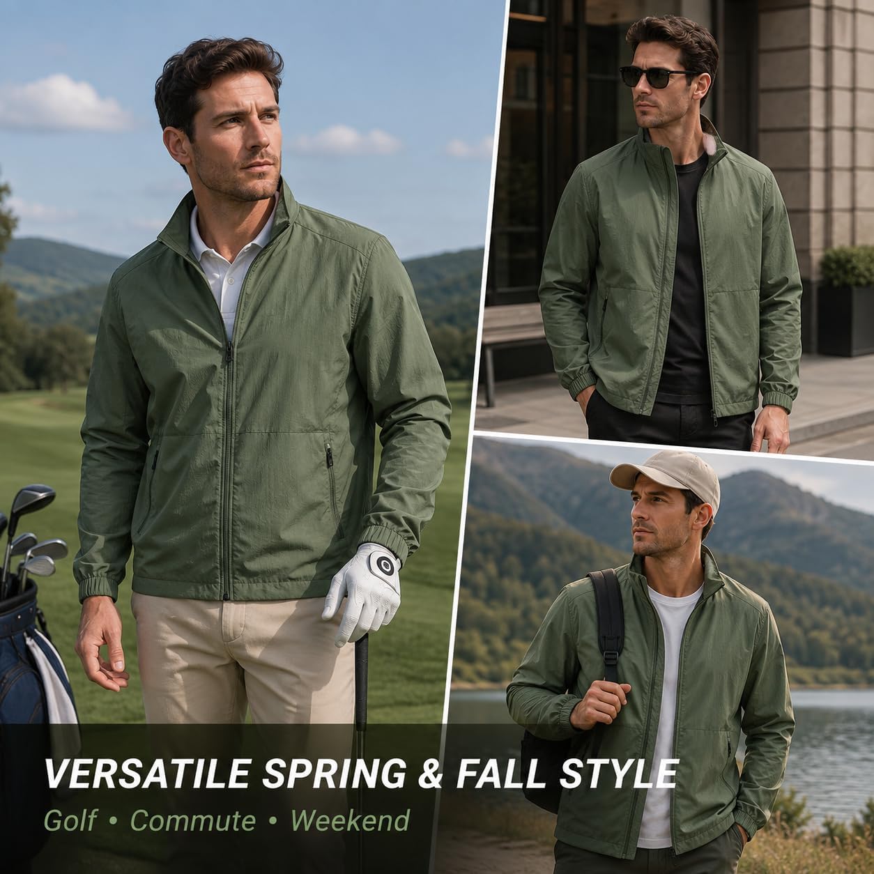 Men's Lightweight Windbreaker Jacket - Classic Stand Collar Golf Jacket - Breathable Mesh Lined Casual Outdoor Shell