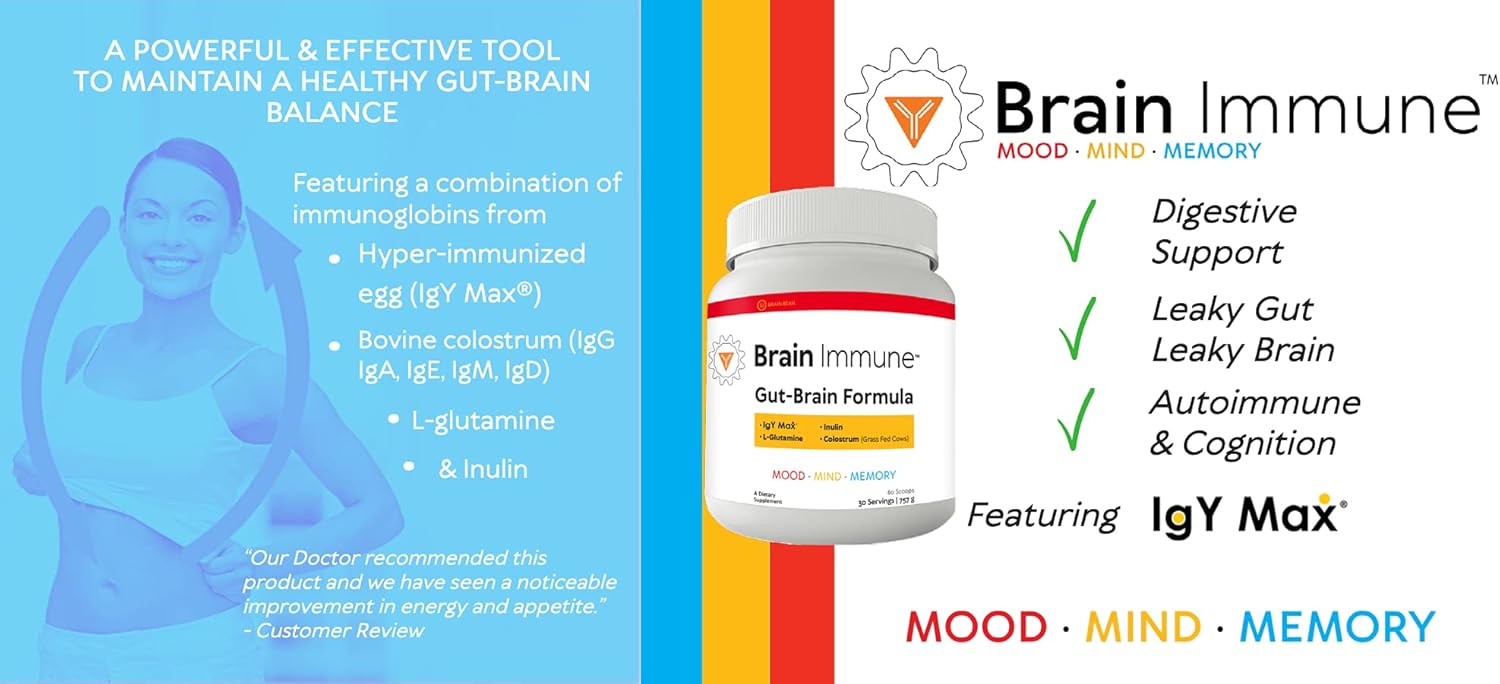 Brain Bean Brain-Immune | Advanced Formula to Support Leaky Gut, Leaky Brain, Immune System | with 10g Colostrum with Lactoferrin, 5g L-Glutamine, 4g IgY Max, and 1g Inulin | 30 Servings : Health & Household
