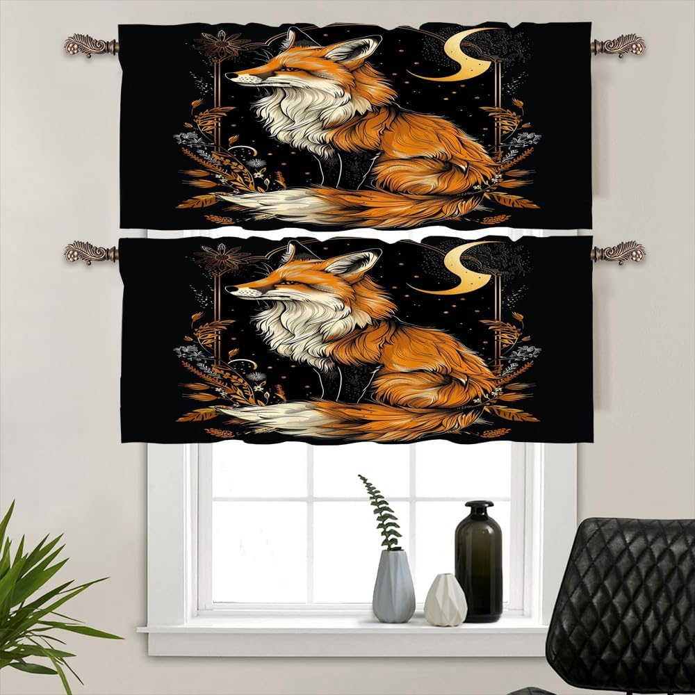2 Panels Fox Floral Plants Valances for Windows, Glam Rustic Animal Fantasy Rod Pocket Valance Curtains Home Decor Window Treatment for Kitchen/Living Room, 54" W X 18" L