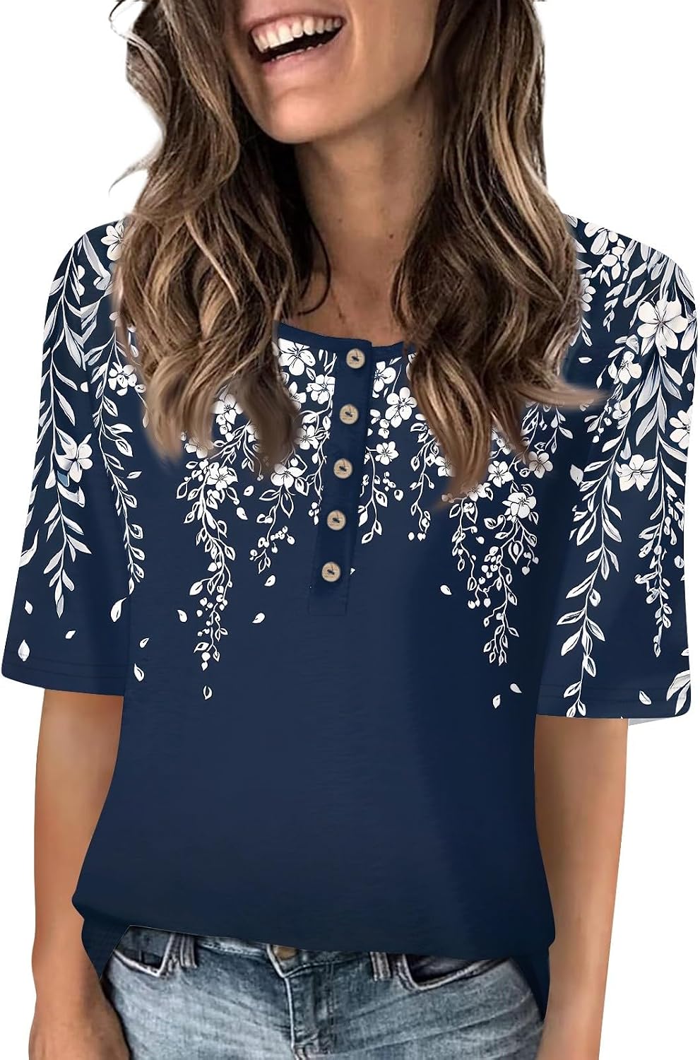Elbow Sleeve Tops Women Trendy 2025 Summer Ruond Neck Button Blouse Casual Half Sleeve Tops Womens Basic Tee Shirts
