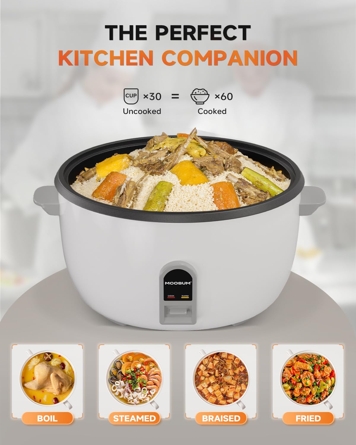 Commercial Rice Cooker, Large Capacity 30-Cup (UnCooked), 60-Cup (Cooked) with One Touch Operation and 12-Hour Keep Warm, Easy to Use and clean,1600W, White