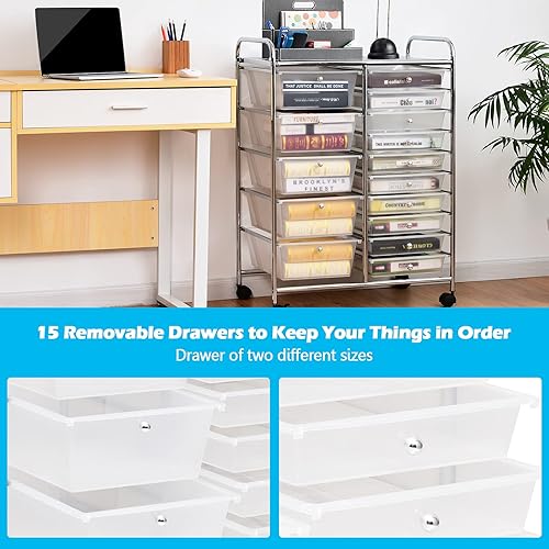 Miniatura 4 de KOTEK Carrito de almacenamiento con ruedas de 15 cajones, carrito de utilidad móvil multiusos con 4 ruedas, herramientas escolares para oficina en
