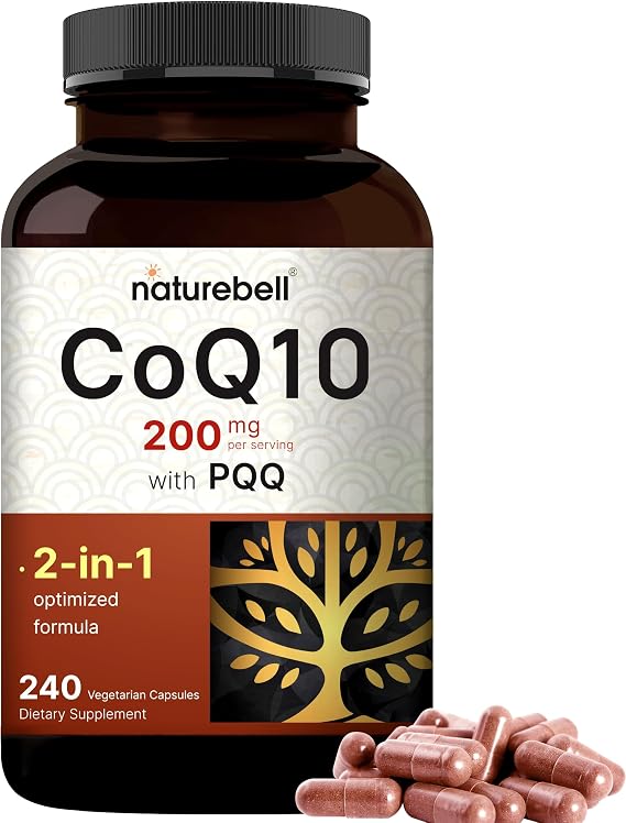 NatureBell CoQ10 200mg with PQQ, 240 Veggie Capsules | Stable High Absorption Form Antioxidant Support for Heart, Energy Health Extra Strength Coenzyme Q10 Supplement
