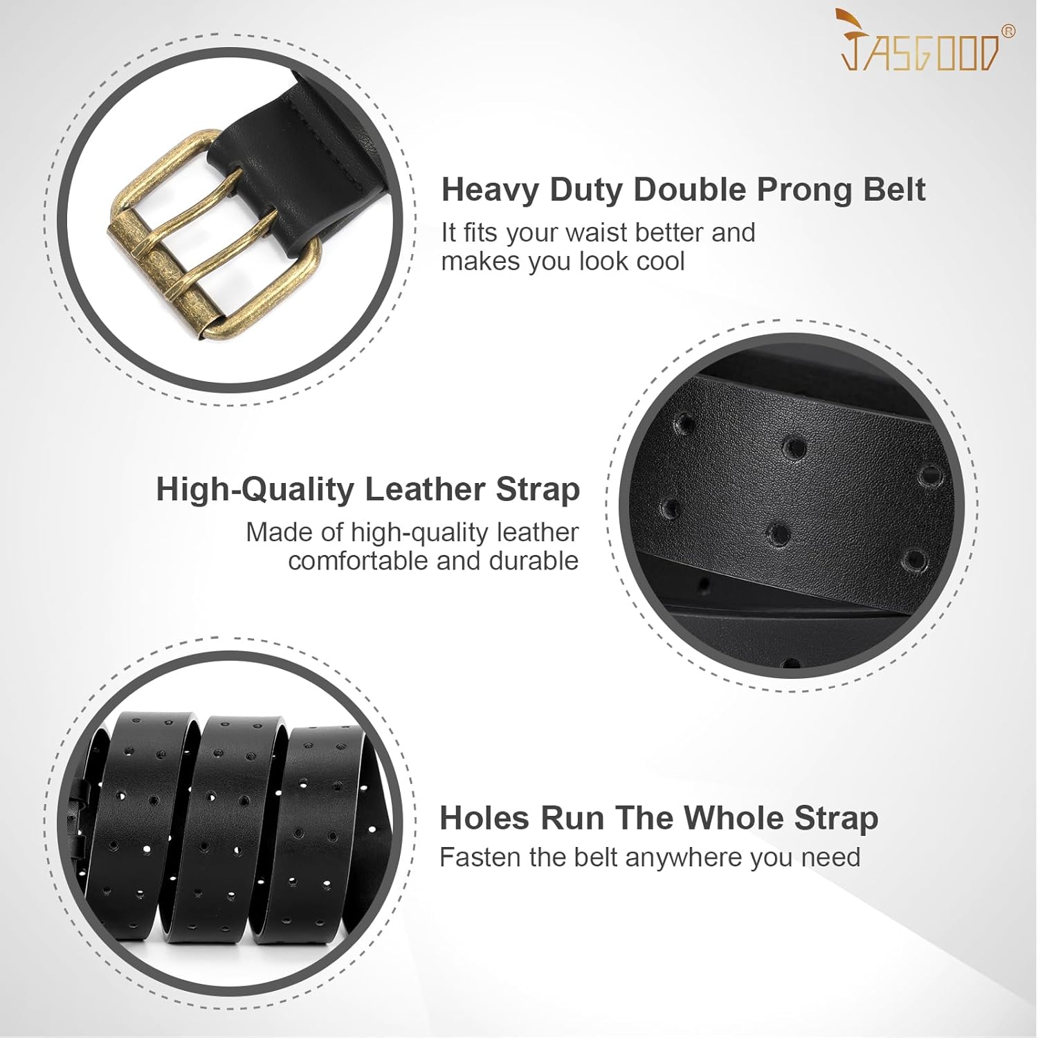 JASGOOD Men Double Prong PU Leather Belt Casual Work Heavy Duty Belt Double Grommet Holes Belt for Jeans - Image 6