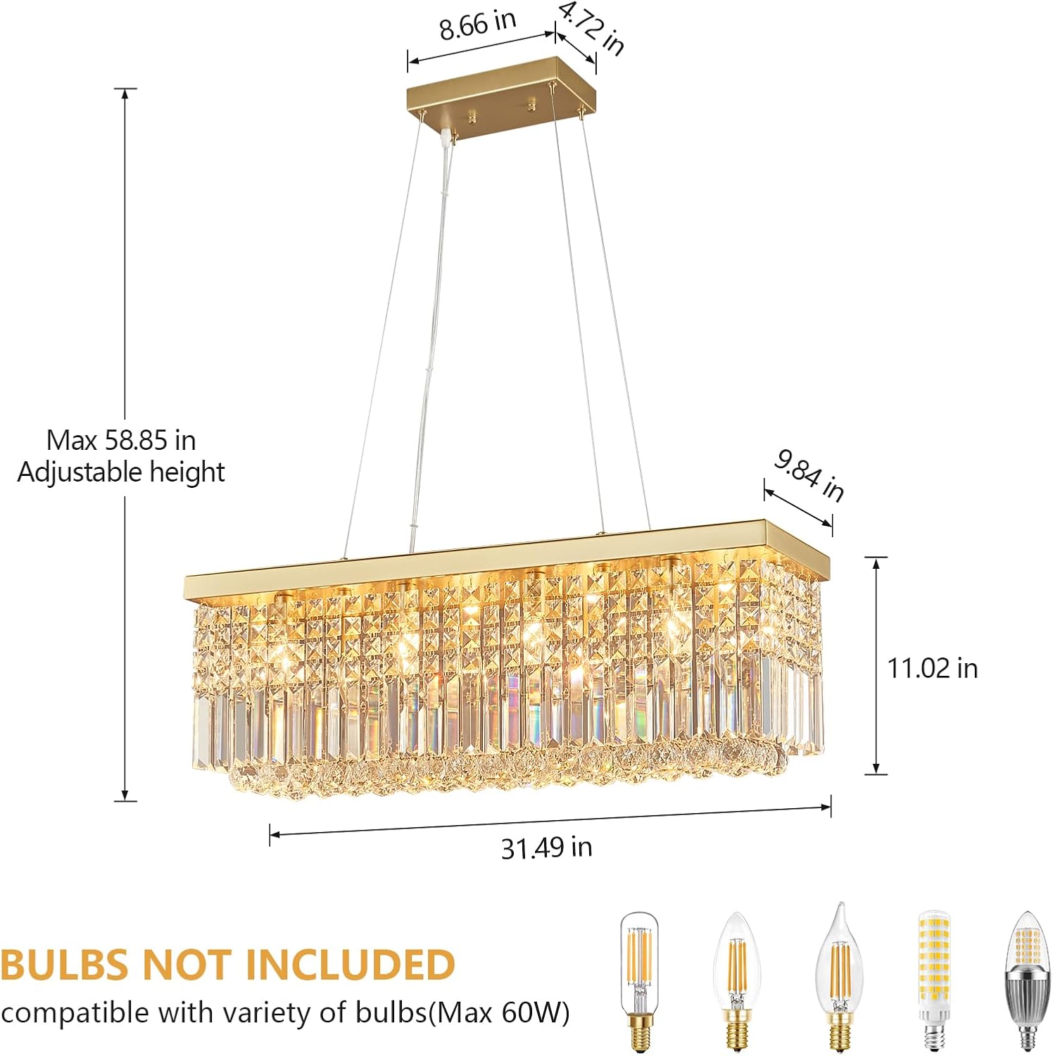 Modern Gold Chandeliers Rectangular Crystal Chandelier 31.5in Ceiling Pendant Light for Kitchen Island Living Room Dining