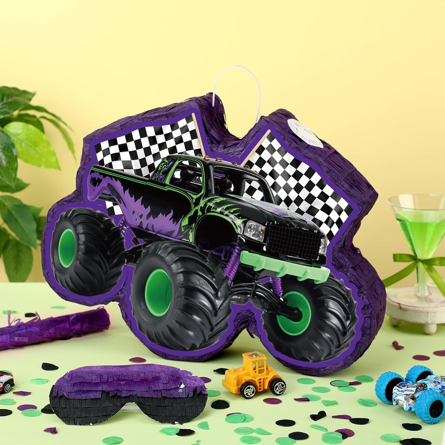 WinnerWhy Green and Purple Truck Piñata of Monster Piñata Race Car Bundle with a Blindfold and Confetti Birthday Party Supplies Small Racing for Construction Favors Decor