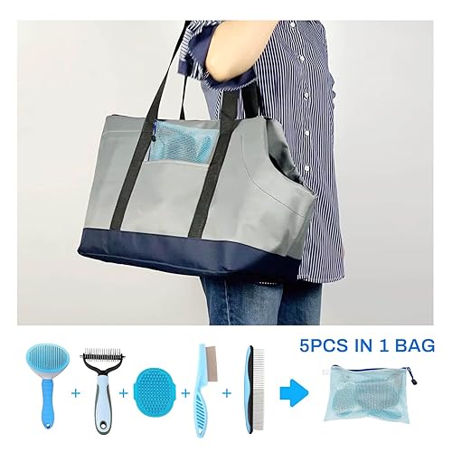 Miniatura 8 de Kit de aseo de cepillo 5 en 1 para perros, suministros de aseo para perros, rastrillo desengrasante para perros cortos, cepillo de baño para perros