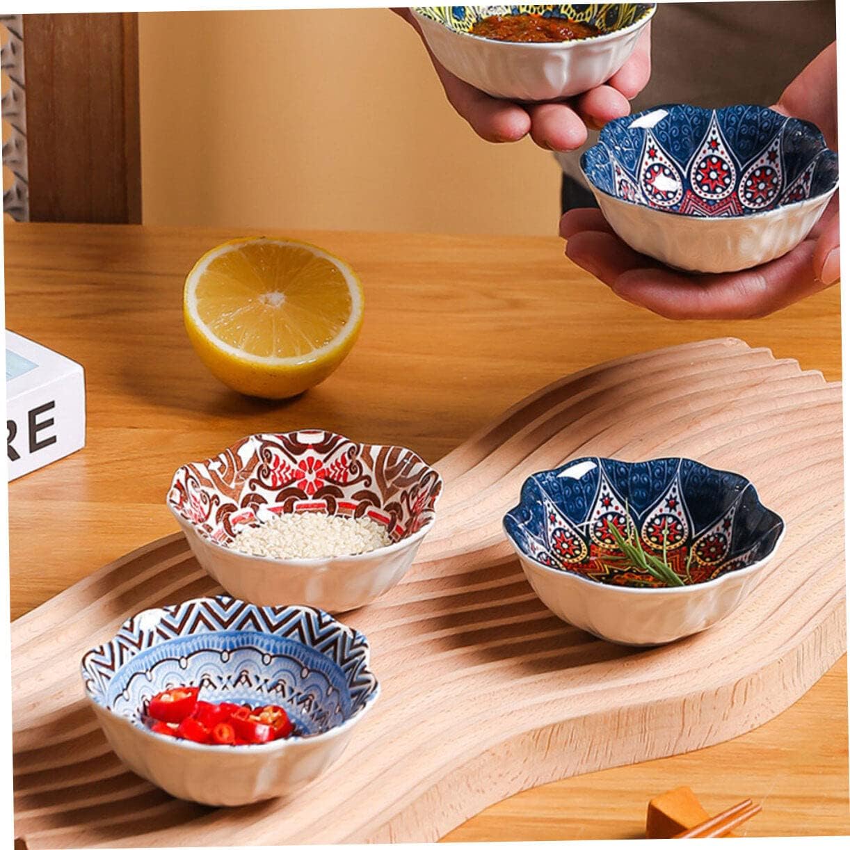 Ceramic Seasoning Dish Small Ceramic Bowl Dip Bowls Dip Bowls for Parties Ceramics Soy Sauce Vegetables Potato Chips Dipping Sauce Bowls Ceramic Sauce Plates 4pcs(Assorted Colorx3pcs,8.5X8.5X3.5CMx3pc