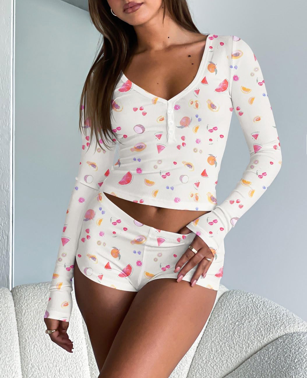 Ezbelle Sexy Lounge Set for Women's Button Down Cropped Shirt Matching Pajama Two Piece Deep V Neck Pyjamas Floral Sets White Fruit M - Image 3