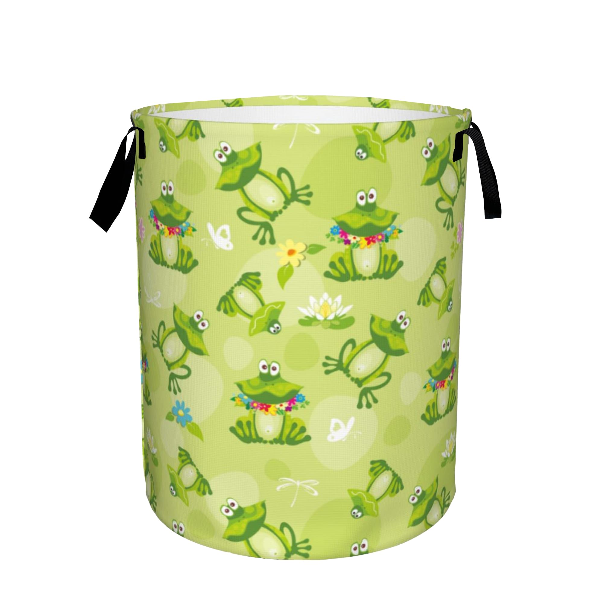 Cute Frog Laundry Basket,Green Lotus Flowers Foldable Laundry Hamper Waterproof Oxford Cloth Tote Bag,Clothes Storage Bucket Decorative Toy Organizer