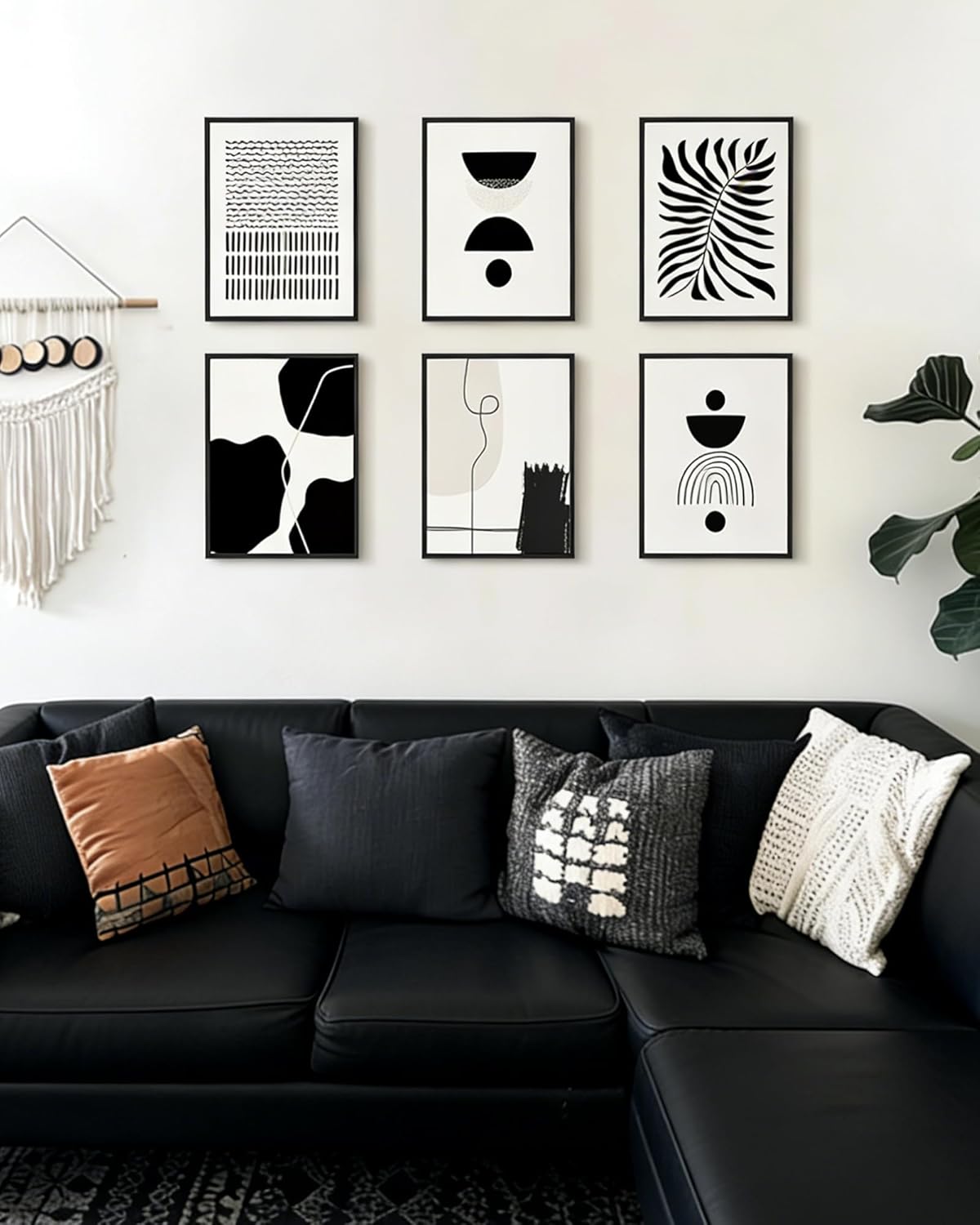 KUVIOKE Black Abstract Framed Wall Art Boho Room Decor Set of 6 Minimalist Geometric Line Art Bohemian Mid Century Modern Prints for Bedroom Living Room 11x14in (Black Framed)