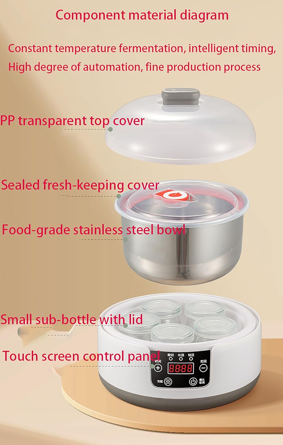 Yogurt Maker with 5 Glass Jars 1.2L Automatic Yogurt Maker with Temperature Control 36-Hour Fermentation Stainless Steel Design Suitable for Homemade Greek and Vegan Yogurt