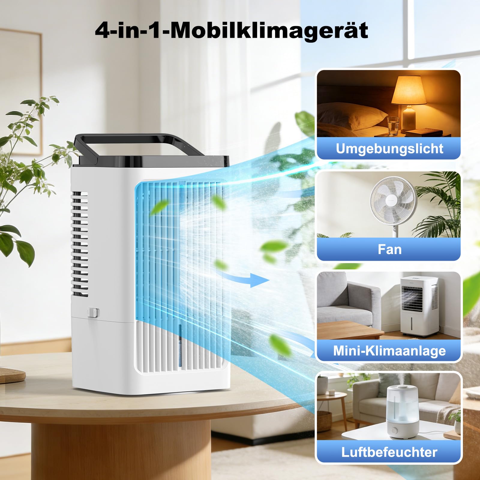 Klimaanlage Mobil, Mini Luftkühler, mit 2 Sprühstufen & 4 Geschwindigkeitsstufen, 1200ml Wassertank, 7 Farben Nachtlicht, 1-8 Stunden Timer, für Schlafzimmer und Büro (Cremeweiß)