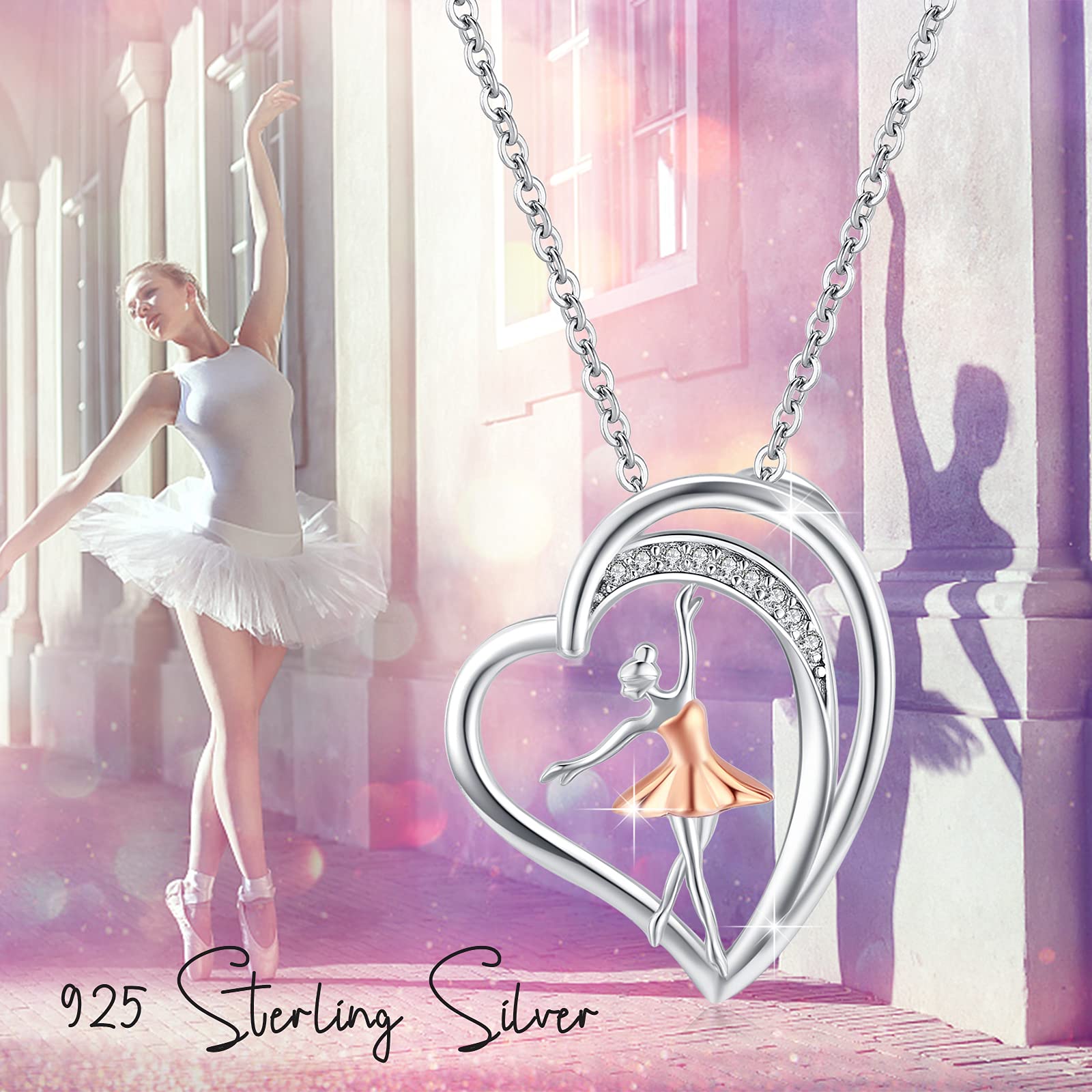 REDSUN Ballerina Halskette für Frauen, 925 Sterling Silber Herz Ballett