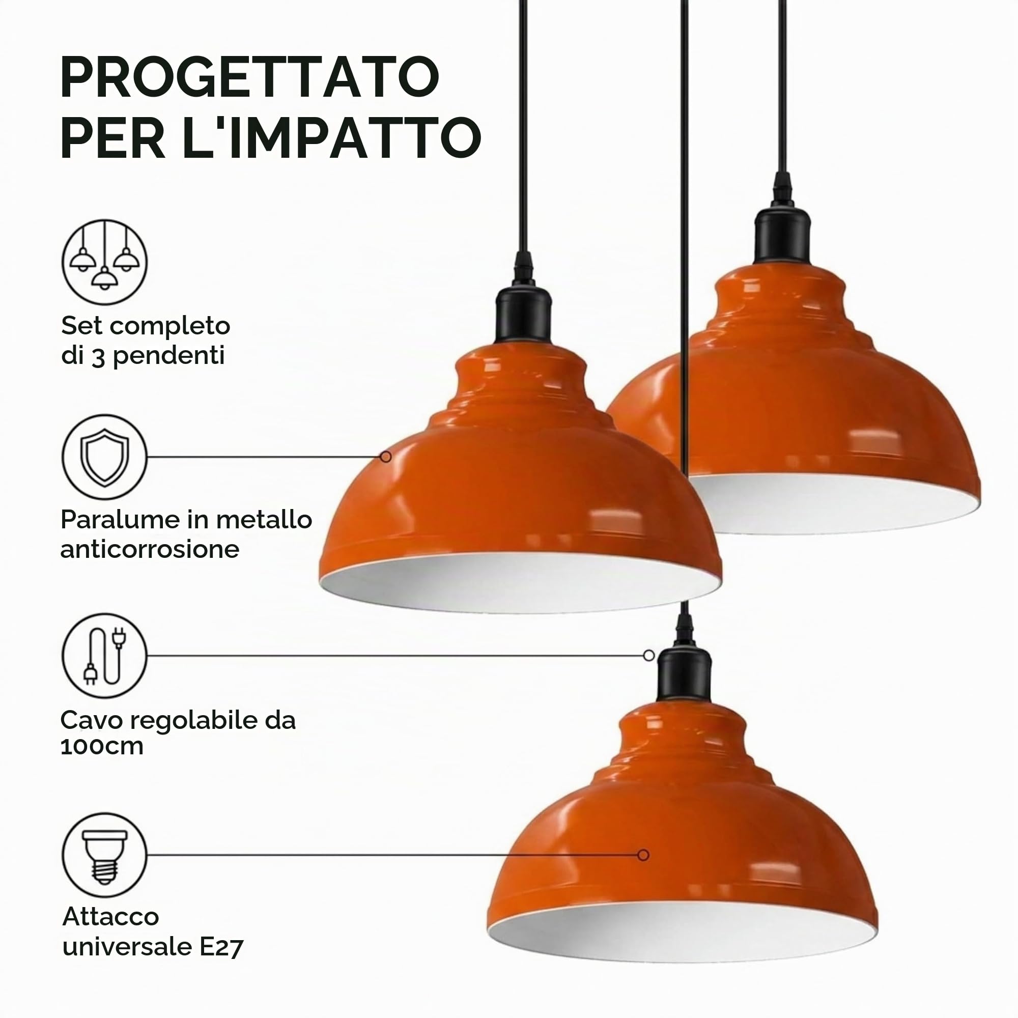 LEDSone 3pcs Vintage Retro Lampadario a Industriale Plafoniera E27 Paralume in metallo Sospensione LED Lampada Loft Sospensione (Arancione)
