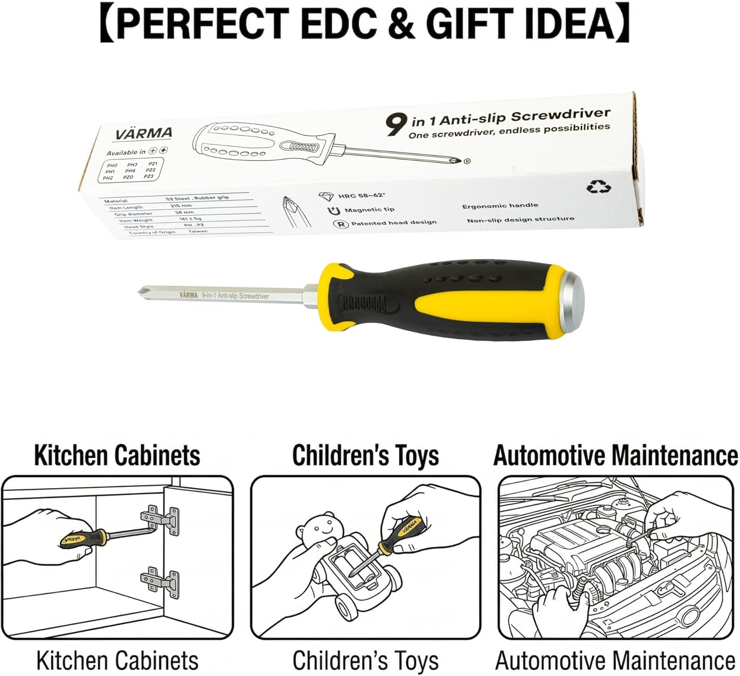 9in1 Multi-Bit Screwdriver - Single Tip Fits All PH0-PH4 & PZ0-PZ3, No Bit Swapping, Magnetic Impact Driver, S2 Steel, Made in Taiwan