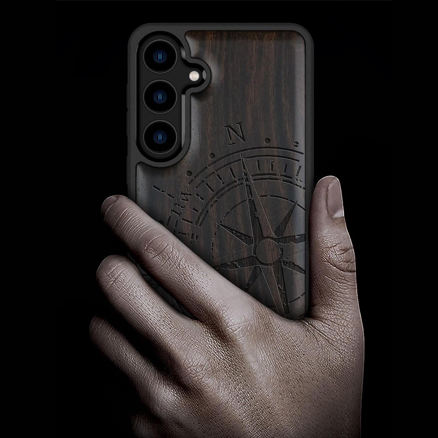 Carveit Wood Case for Galaxy S24 Case [Natural Wood & Black Soft TPU] Shockproof Protective Cover Unique Wooden Design Compatible with Samsung S24 (Incomplete Compass-Blackwood)