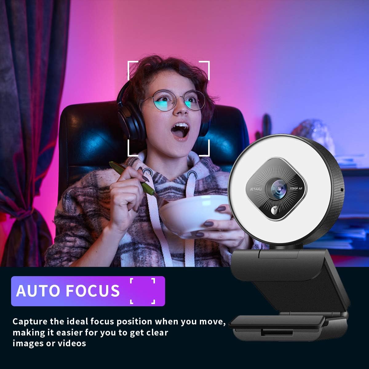 1080P Webcam for PC with Ring Light and Dual Microphone, Auto-Focus Webcam for Streaming, Adjustable Brightness Web Cam, USB Webcam for Zoom Skype| YouTube | PC | Mac| Laptop Desktop