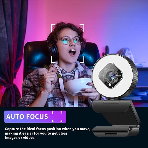 Miniatura 3 de Cámara web 1080P para PC con luz de anillo y micrófono dual, cámara web de enfoque automático para transmisión, cámara web de brillo ajustable,