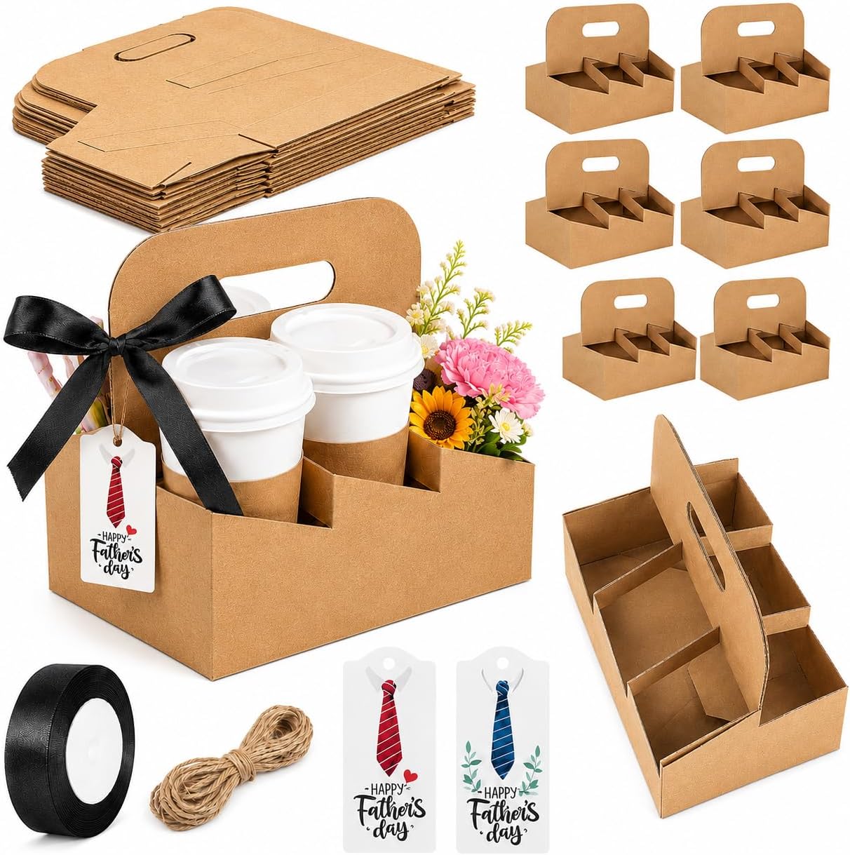 Cinrobiye 12 Pack 4 Cup Disposable Coffee Carrier Tray, Kraft Paper Drink Carrier with Handles, Beverage Cup Holder for Takeout Coffee, Delivery Drinks, Office Coffees Runs, Catering, Parties