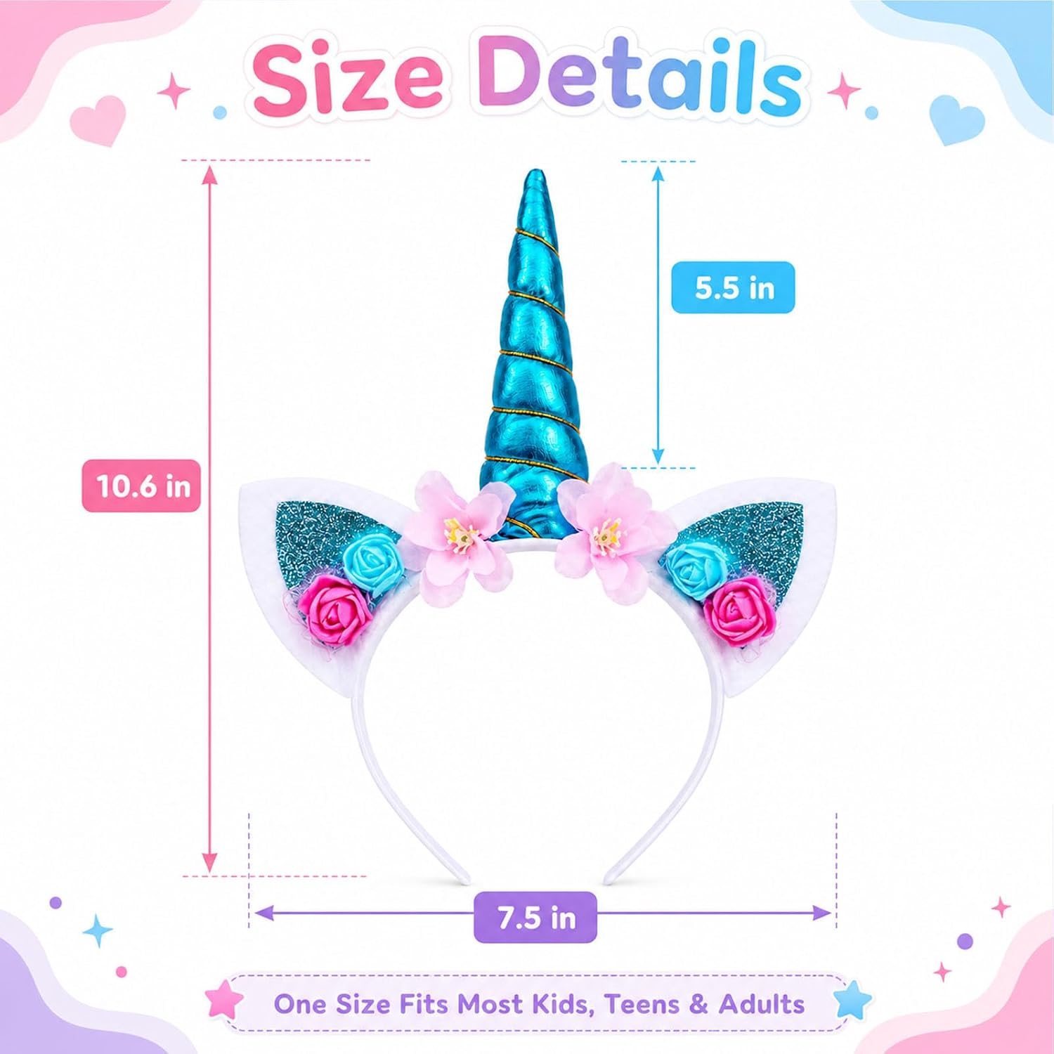 Blue Metallic Unicorn Headband with Turquoise Horn, Pink Flowers & Glitter Ears - Cute Unicorn Costume Headpiece for Women Birthday Party Cosplay Halloween Dress Up Accessories