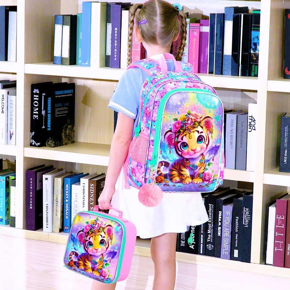 3Pcs Backpack for Girls, 16" Kids Bookbag with Lunch Box,Tiger School Backpacks for Elementary Preschool Kindergarten (Pink) - Image 8