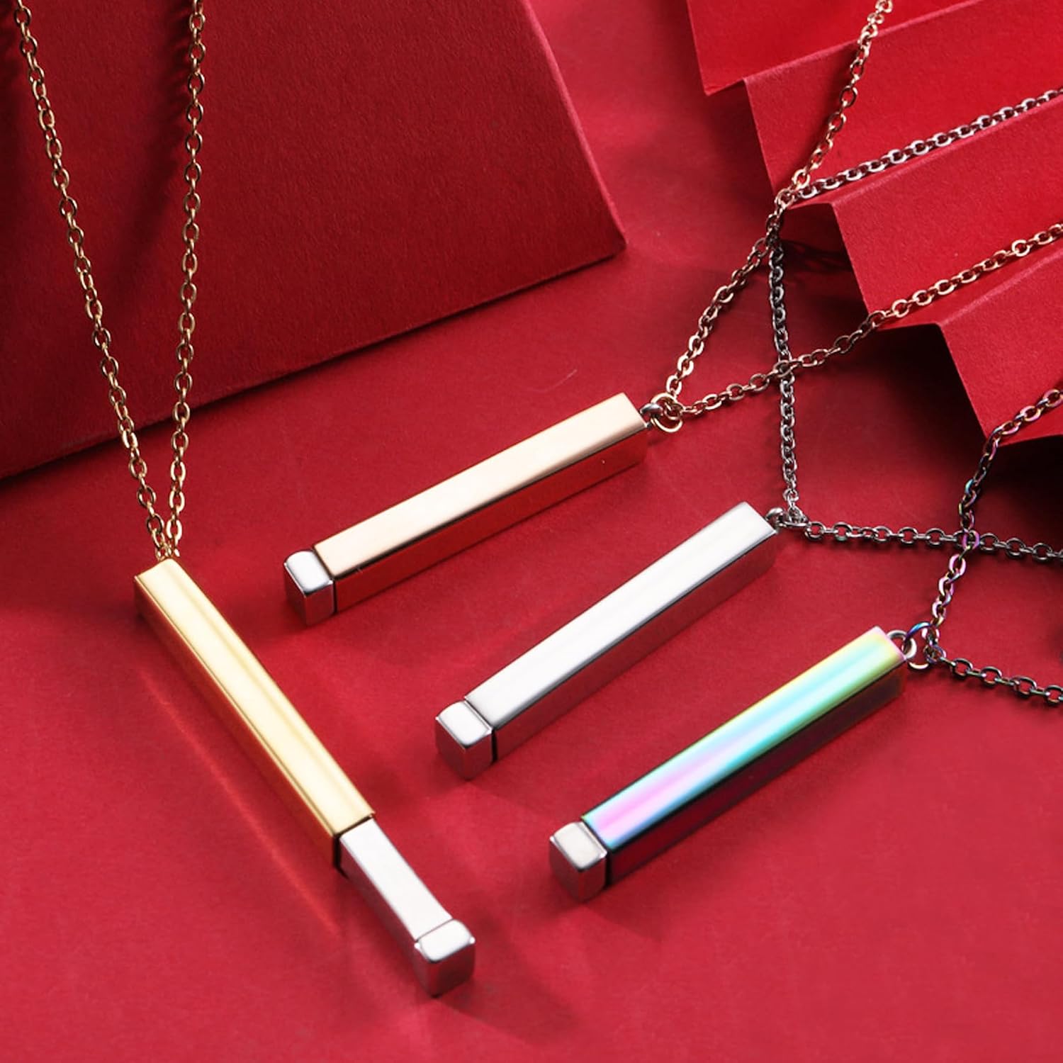 Qina C. Personalized Custom Text Laser Engraving Name Date Initial Bar Dangle Secret Hidden Pendant Chain Necklace Stainless Steel Gift F/Girlfriend Birthday Anniversary Valentines Day, Regular