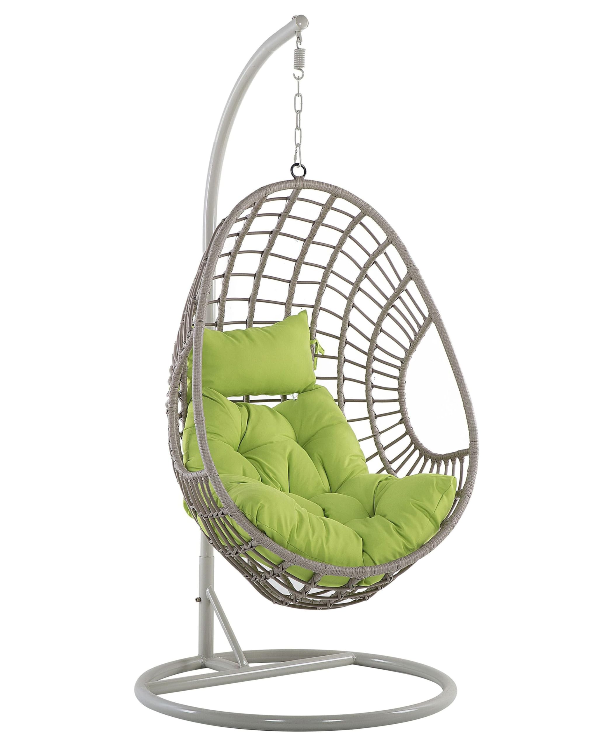 Polyrattan Hängesessel mit Gestell Stahl beige Eiform Kissen grün Boho Arpino