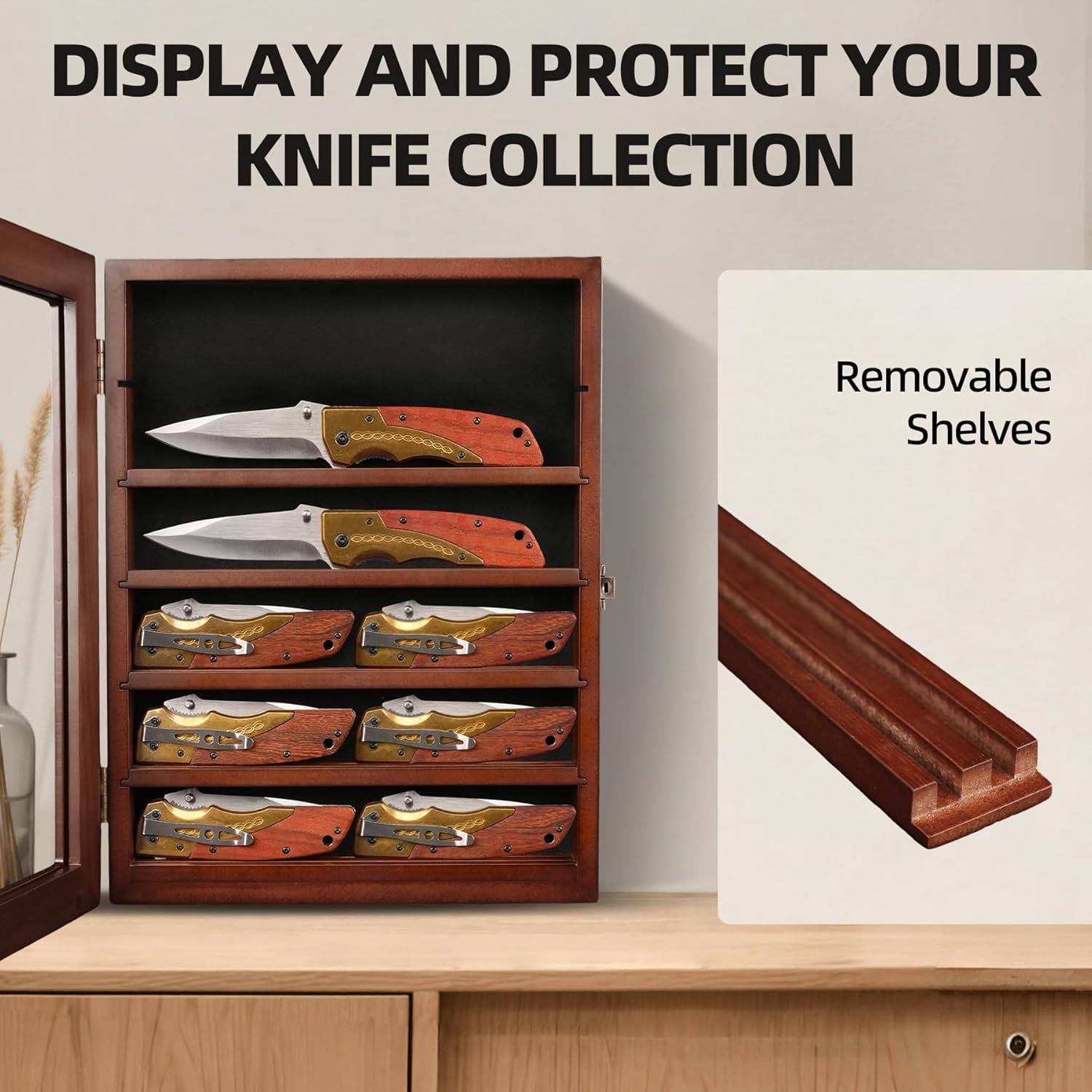 Knife Display Case for Wall, Pocket Knife Display Box with HD Tempered Glass, 6 Rows Military Folding Knives Shadow Box with Removable Shelves - 10.9"W x 13.8"H x 2.1"D, Walnut