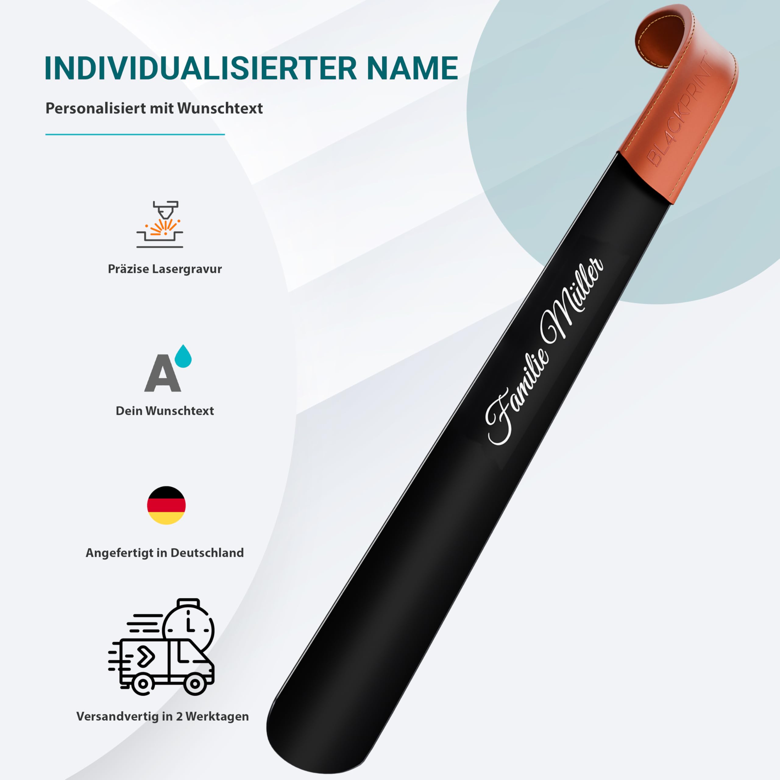 Personalisierter Schuhlöffel mit Gravur – Extra langer Schuhanzieher aus Edelstahl mit edlem Ledergriff – Geschenkidee für Männer & Frauen – Hochwertiger Metall-Schuhanzieher mit Wunschtext