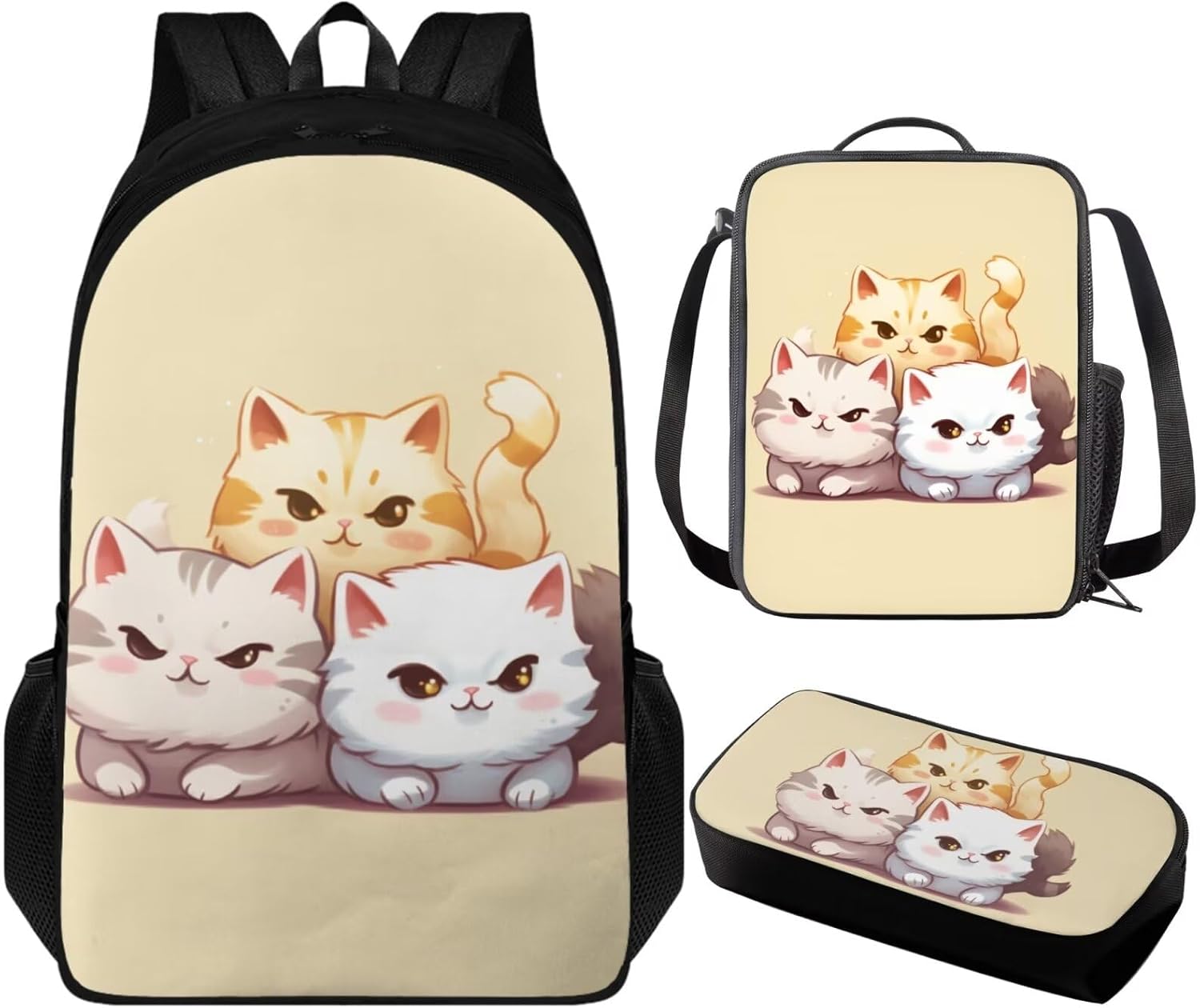 Cat Kids Backpack and Lunch-Bag Set 4-6 Years Old Cute Book Bag for Preschool Toddlers 1st Grade 3Pcs School Bag with Lunch Box Pencil Case Back to School Gift
