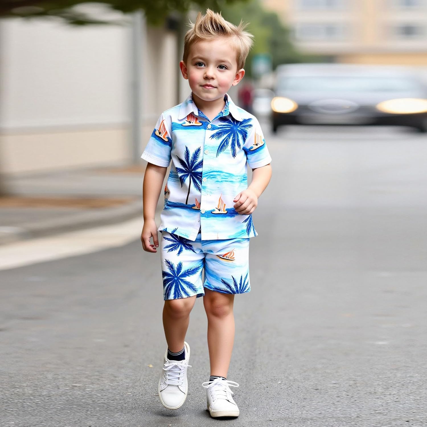 2 PCS Hawaiian Shirts for Boys, Short Button Down Shirt and Shorts Summer Beach Outfits for kids - Image 3