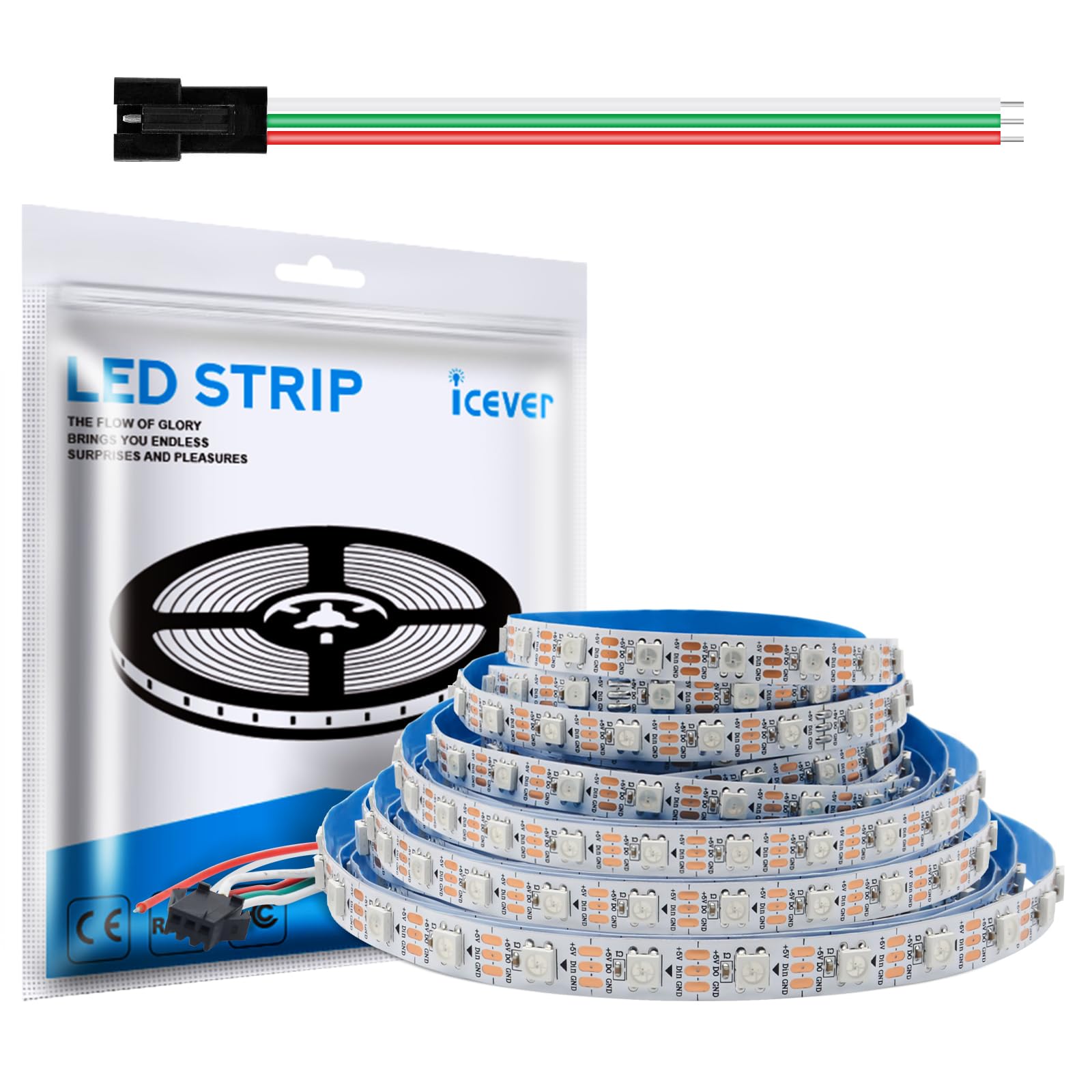 5M WS2812B LED-Streifen 5V 60LEDs/m - 300 Pixel, individuell adressierbare RGB IC 5050SMD LEDs - flexibles weiß PCB IP30 - Traumfarbe für DIY-Farbwechselprojekt.