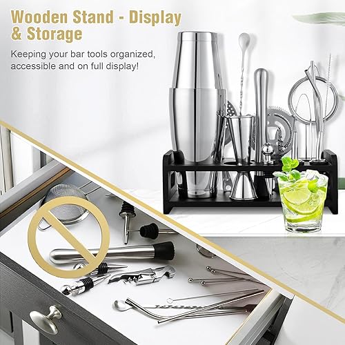 Miniatura 5 de Boston - Juego de coctelera de 18 piezas, juego de herramientas de bar con soporte y receta, alfombrillas de bar para barman, herramientas