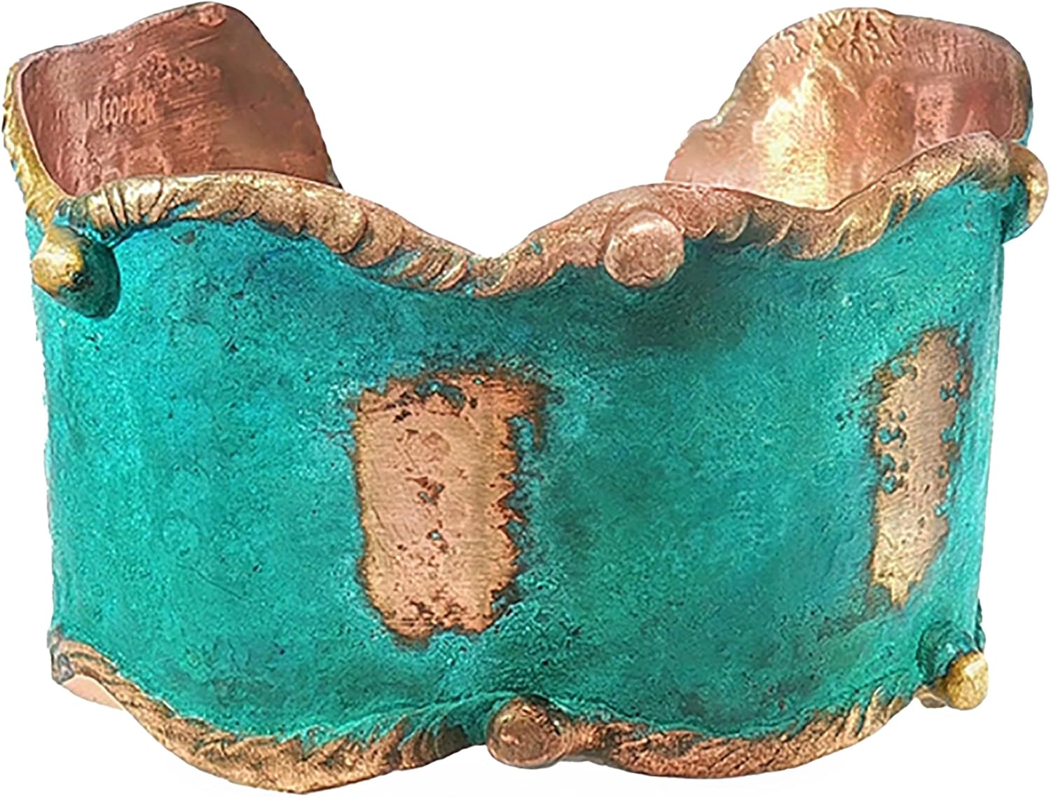 Urbanrose Solid Copper Patina Cuff Bracelet with Teal Verdigris Patina, Molten Copper Edging, Rustic Luxury for Men or Women