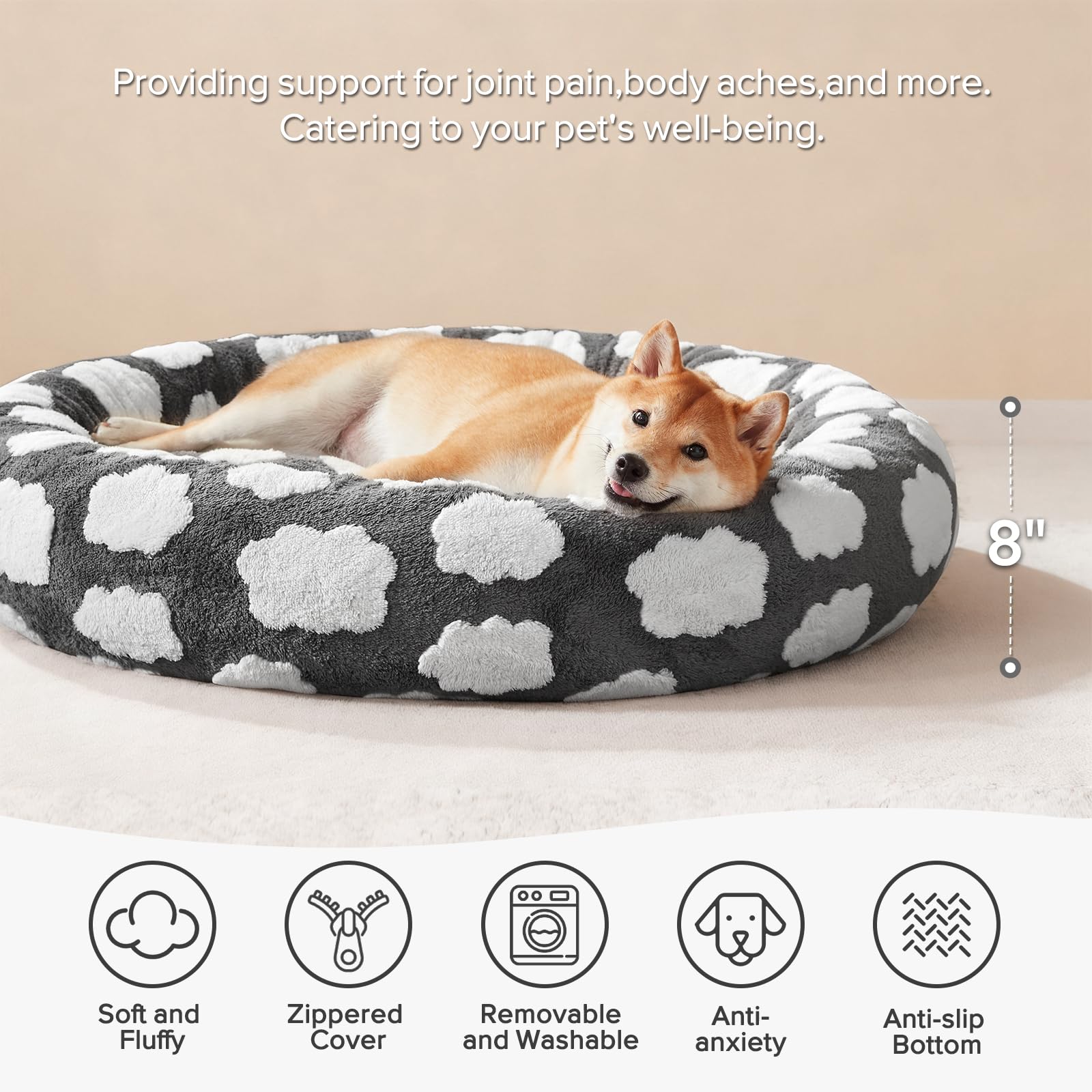 JOEJOY Letto per cani a ciambella di medie dimensioni, carino rotondo calmante letto per cani con copertura rimovibile lavabile, 76 cm, ortopedico con peluche jacquard a pelo lungo e fondo antiscivolo
