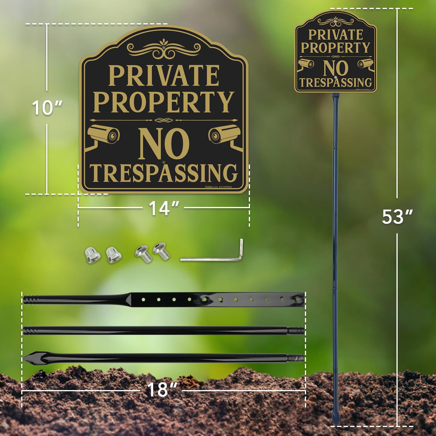 Faittoo Grand panneau « No Trespassing » propriété privée avec piquet épais en métal de 132,1 cm, 30,5 x 30,5 cm, aluminium lourd antirouille, réfléchissant, résistant à la décoloration, facile à