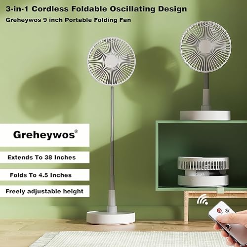 Miniatura 2 de Ventilador oscilante plegable recargable de 9 pulgadas, 7200 mAh, funciona con pilas, ventilador pequeño con control remoto, ventiladores de