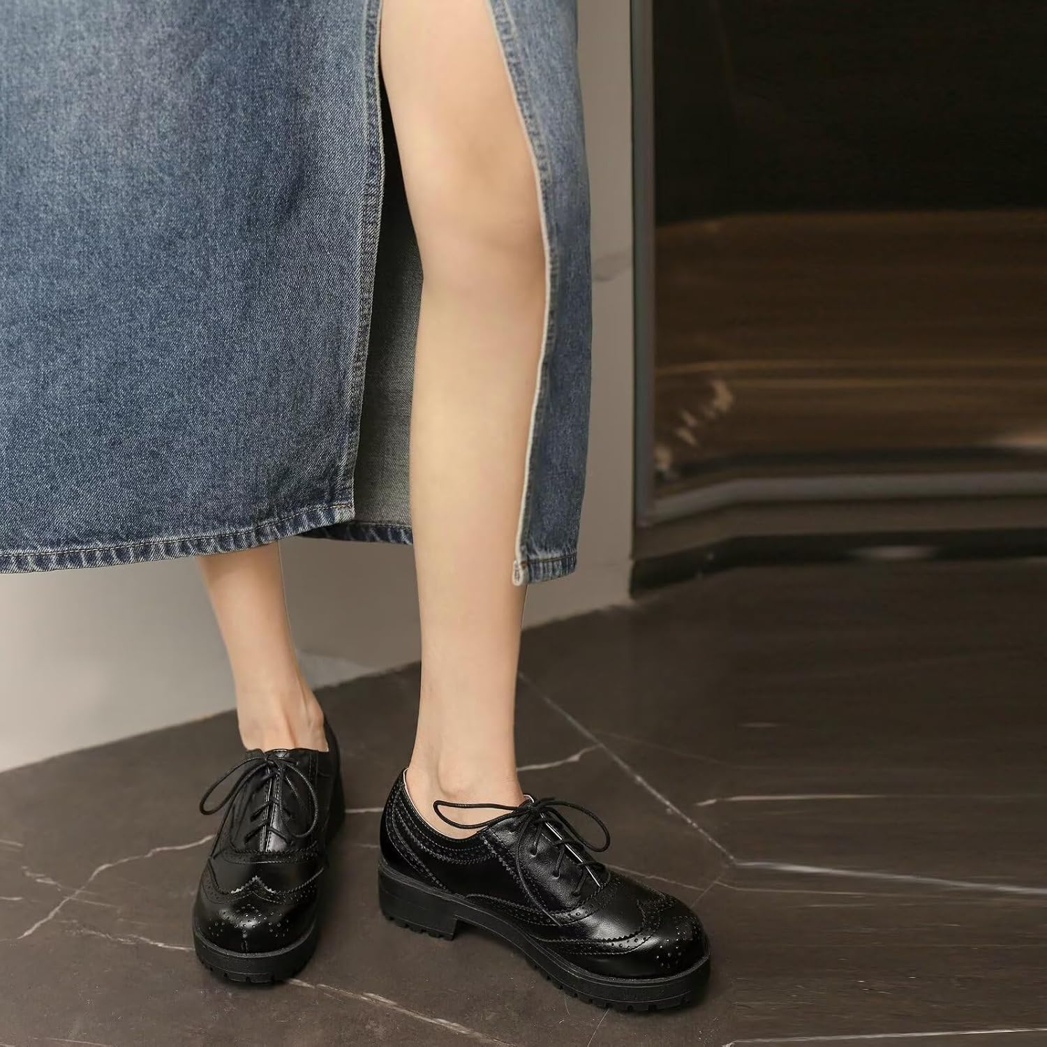 Agodor Wingtip Oxford Shoes Lace up Low Chunky Heels Brogues Retro Round Toe Platform Oxford Shoes for Women (US7, PU Black) - Image 3